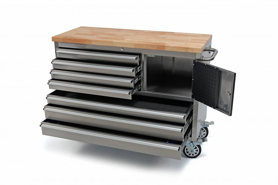 HBM Gereedschapswagen Met Houten Werkblad - 122 Cm - RVS 2 HBM Gereedschapswagen Met Houten Werkblad - 122 Cm - RVS - Afbeelding 2