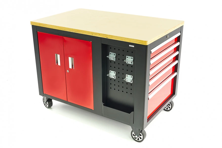 HBM Verrijdbare Gereedschapswagen, Werkbank Met Houten Werkblad 10 Laden, Rood Zwart 1 HBM Verrijdbare Gereedschapswagen, Werkbank Met Houten Werkblad 10 Laden, Rood Zwart