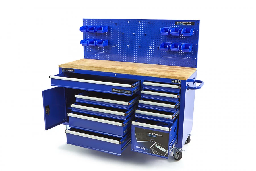 HBM Gereedschapswagen Met Achterwand, Houten Werkblad, 158 Cm, Blauw 2 HBM Gereedschapswagen Met Achterwand, Houten Werkblad, 158 Cm, Blauw - Afbeelding 2