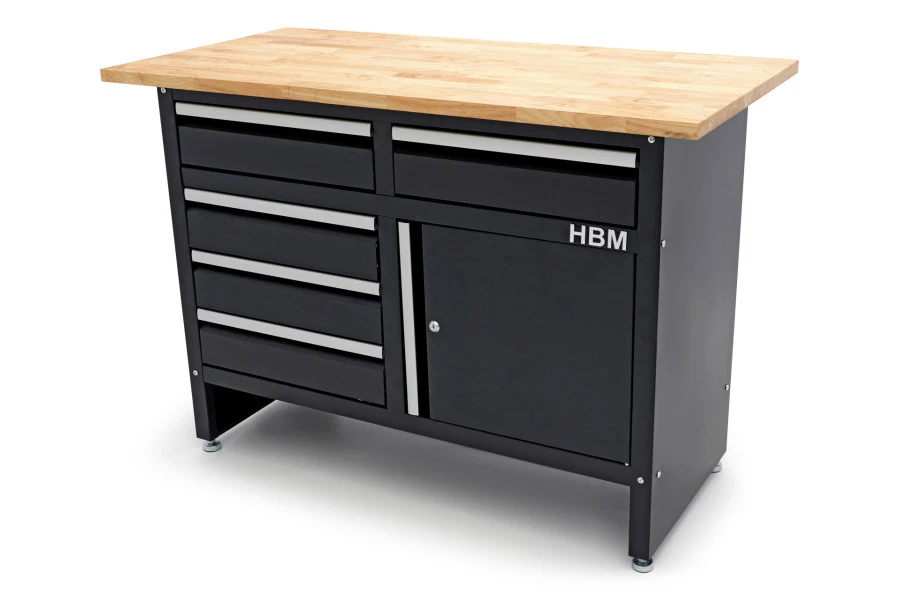 HBM 120 Cm Werkbank Met 5 Laden 1 Deur En Massief Houten Werkblad 2 HBM 120 Cm Werkbank Met 5 Laden 1 Deur En Massief Houten Werkblad - Afbeelding 2