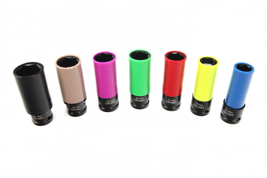 HBM 7 Delige 1/2" Lange Krachtdoppenset Met Beschermkappen 1 HBM 7 Delige 1/2" Lange Krachtdoppenset Met Beschermkappen