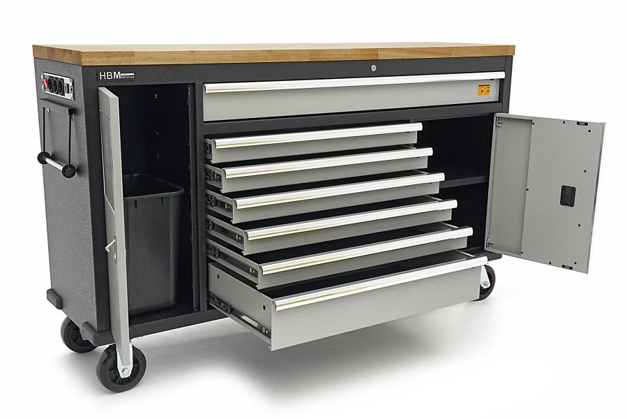 HBM Gereedschapswagen Met Houten Werkblad - 168 Cm - Grijs 3 HBM Gereedschapswagen Met Houten Werkblad - 168 Cm - Grijs - Afbeelding 3
